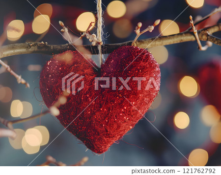 A beautiful and sparkling red heart ornament hanging gracefully on a tree branch as decoration 121762792