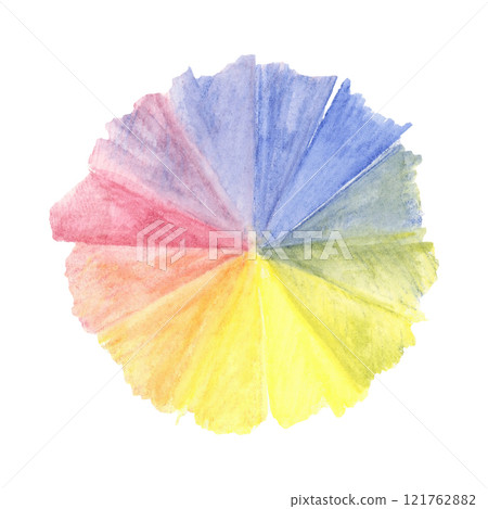 Radial color wheel in blue, red, and yellow tones. Hand drawn watercolor crayon clipart. Perfect for educational posters, art projects, or creative additions to craft and stationery products 121762882