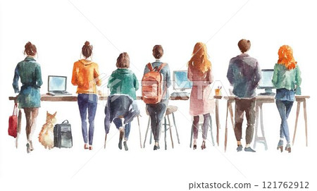 Back view illustration of a man and woman working at a standing desk 121762912