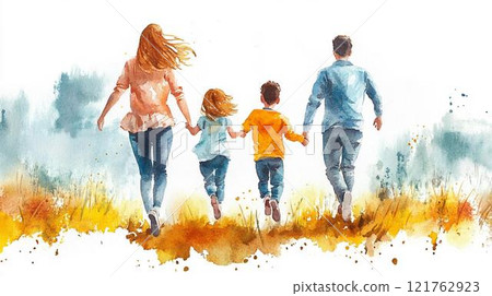 Watercolor illustration of a family holding hands and flying through the park 121762923