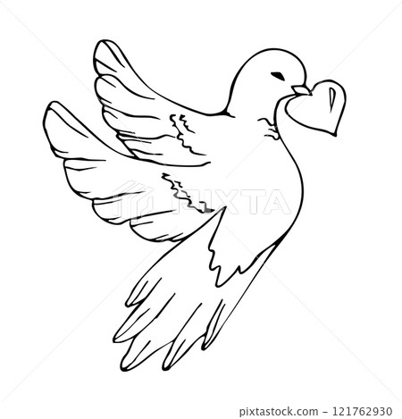First communion symbol with dove of peace and heart design for religious celebrations. Hand drawn. Black and white vector illustration. Valentine Day First communion symbol with dove of peace and heart design for religious celebrations. Hand drawn. Black and white vector illustration. Valentine Day 121762930
