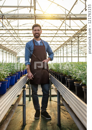 Positive bearded young man in a greenhouse looking determined Positive bearded young man in a greenhouse looking determined 121763155