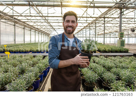 Smiling bearded man with a potted flower in hands in a glasshouse 121763163