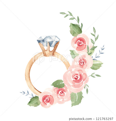 Valentine's day or Wedding, Engagement Composition. Golden ring with Diamond in pink Roses garland. Hand drawn Watercolor illustration isolated on a white background. For cards, invitations and prints 121763297