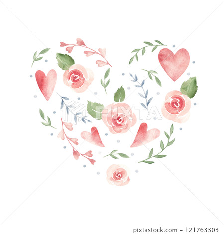 Floral Heart shaped composition for Valentine's day or Wedding. Pink roses and hearts. Simple minimalistic Watercolor painting. Hand drawn romantic illustration isolated on a white background. For Floral Heart shaped composition for Valentine's day or Wedding. Pink roses and hearts. Simple minimalistic Watercolor painting. Hand drawn romantic illustration isolated on a white background. For 121763303
