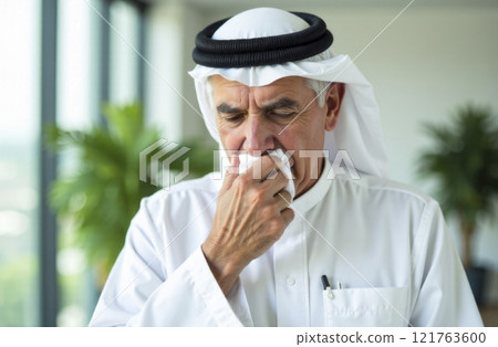 Sick elderly arab man sneezing in tissue near window in office. Health care and medicine concept. Sick elderly arab man sneezing in tissue near window in office. Health care and medicine concept. 121763600