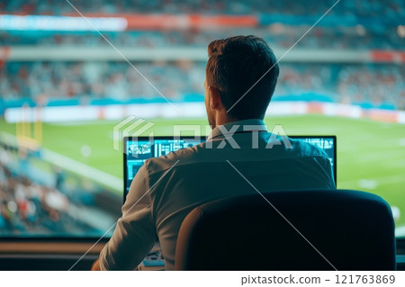 sports commentator sits at the monitor against the backdrop of a football field sports commentator sits at the monitor against the backdrop of a football field 121763869