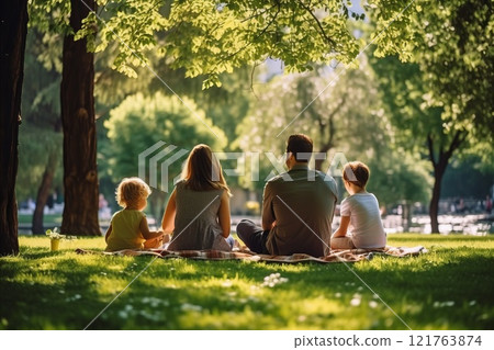 A family with two children relaxes in a summer park sitting on the grass 121763874