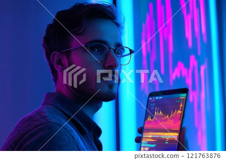 A man holds a smartphone against the background of a hologram with graphs 121763876