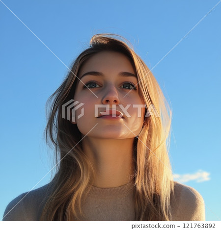 Portrait of an girl against a blue sky 121763892