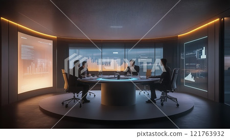 people at a round table in the office with holographic screens with graphs and data people at a round table in the office with holographic screens with graphs and data 121763932