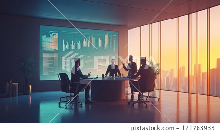 people at a round table in the office with holographic screens with graphs and data 121763933