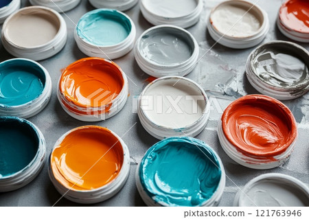 set of paints on the palette blue, orange, white and gray 121763946