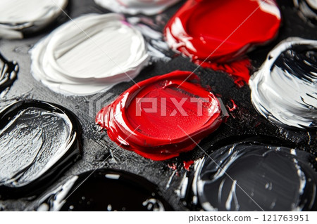 set of paints on the palette white, red and black 121763951