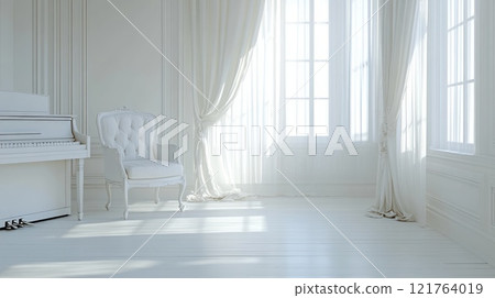 white spacious room in classic style with wooden floor, curtains on the windows, piano and armchair 121764019