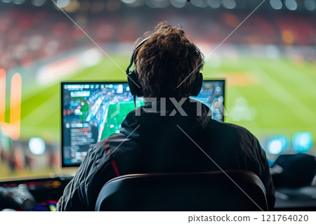 sports commentator sits at the monitor against the backdrop of a football field 121764020