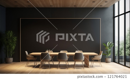 Spacious office room in dark colors with conference table, wooden floor and whiteboard for text 121764021