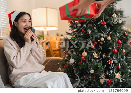 Joyful Young Woman Receiving Surprise Gift Box from Partner on Christmas Day by Decorated Tree Joyful Young Woman Receiving Surprise Gift Box from Partner on Christmas Day by Decorated Tree 121764099