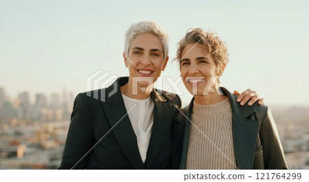 Confident mature caucasian women in urban setting highlighting friendship and style 121764299