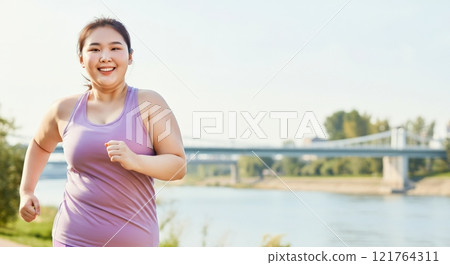 Active asian female jogging outdoors near river bridge for fitness and wellness 121764311
