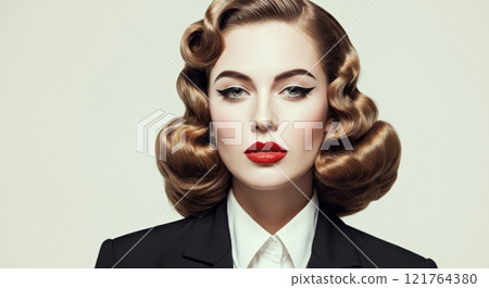 Vintage glamour portrait of young caucasian female with retro hairstyle in classic attire 121764380