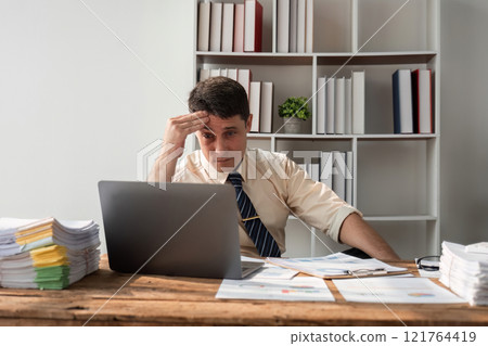 Young Businessman Focused on Work at Desk with Laptop and Documents in Modern Office Environment 121764419