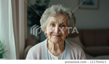 Serene elderly woman with gray hair in cozy home interior 121764421