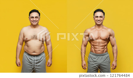 Transformation journey of middle eastern man from overweight to fit on vibrant yellow background Transformation journey of middle eastern man from overweight to fit on vibrant yellow background 121764484