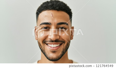 Confident young adult hispanic male with curly hair and scar smiling on white background 121764549