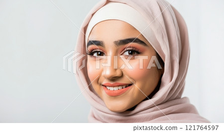 Confident young muslim woman in hijab smiling brightly in modern lifestyle portrait 121764597