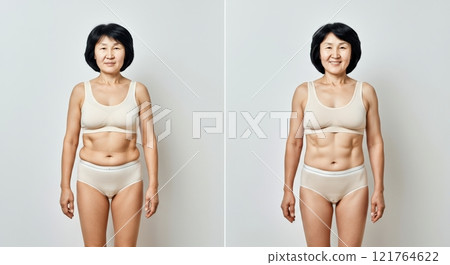 Transformation journey of mature asian female with fitness and wellness focus 121764622