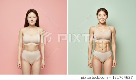 Transformation journey of asian female adult embracing fitness and wellbeing through bodybuilding 121764627