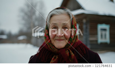 Elderly caucasian woman in traditional scarf smiling in winter village scene 121764631