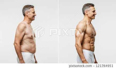 Transformation journey of mature caucasian male from overweight to fit with muscular physique 121764951