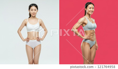 Transformation journey: asian female fitness evolution for wellness inspiration and strength 121764958