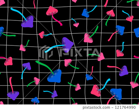 Seamless pattern with mushrooms on a wavy grid. Background with mushrooms and curved grid in retro psychedelic style. Design for banners, posters, wallpapers and covers. Vector illustration 121764990