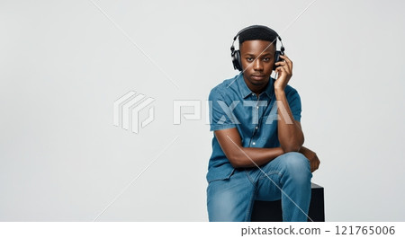Young african male in denim listening to music with headphones 121765006