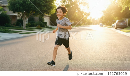 Joyful young asian boy running on sunlit suburban street at sunset Joyful young asian boy running on sunlit suburban street at sunset 121765029
