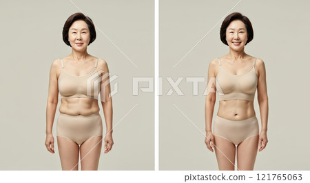 Transformation journey of mature asian woman embracing body confidence and fitness 121765063