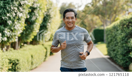 Active asian mature male enjoying morning jog in park for fitness and well-being 121765118