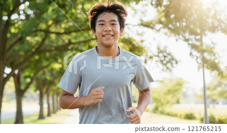 Energetic asian teen running outdoors in sunlit park for fitness and health 121765215