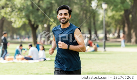 Young south asian male jogger exercising in park amidst nature on a sunny day 121765268