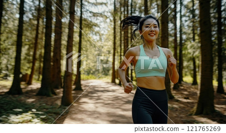 Young asian female jogger enjoying a sunlit forest trail promoting healthy lifestyle and fitness 121765269