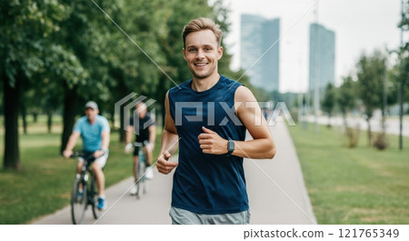 Caucasian male jogging in urban park for fitness and healthy lifestyle inspiration 121765349