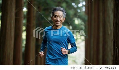 Mature asian man running in forest for healthy lifestyle and fitness journey Mature asian man running in forest for healthy lifestyle and fitness journey 121765353