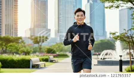 Young asian man jogging in urban park with skyscrapers and fountain at sunrise 121765357