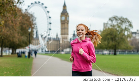 Young caucasian female jogging in london park with iconic big ben and london eye in background 121765358