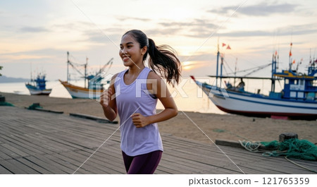 Asian female jogging on beach boardwalk with fishing boats at sunrise 121765359
