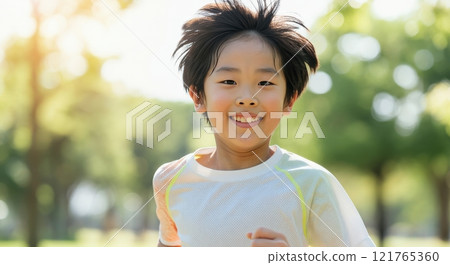 Joyful asian child running in sunlit park for outdoor fun and fitness 121765360