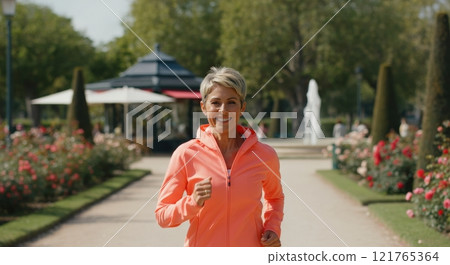 Mature caucasian woman jogging in park on sunny day for fitness and wellbeing 121765364
